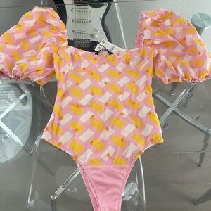 Zara Pink and Yellow Patterned Bodysuit